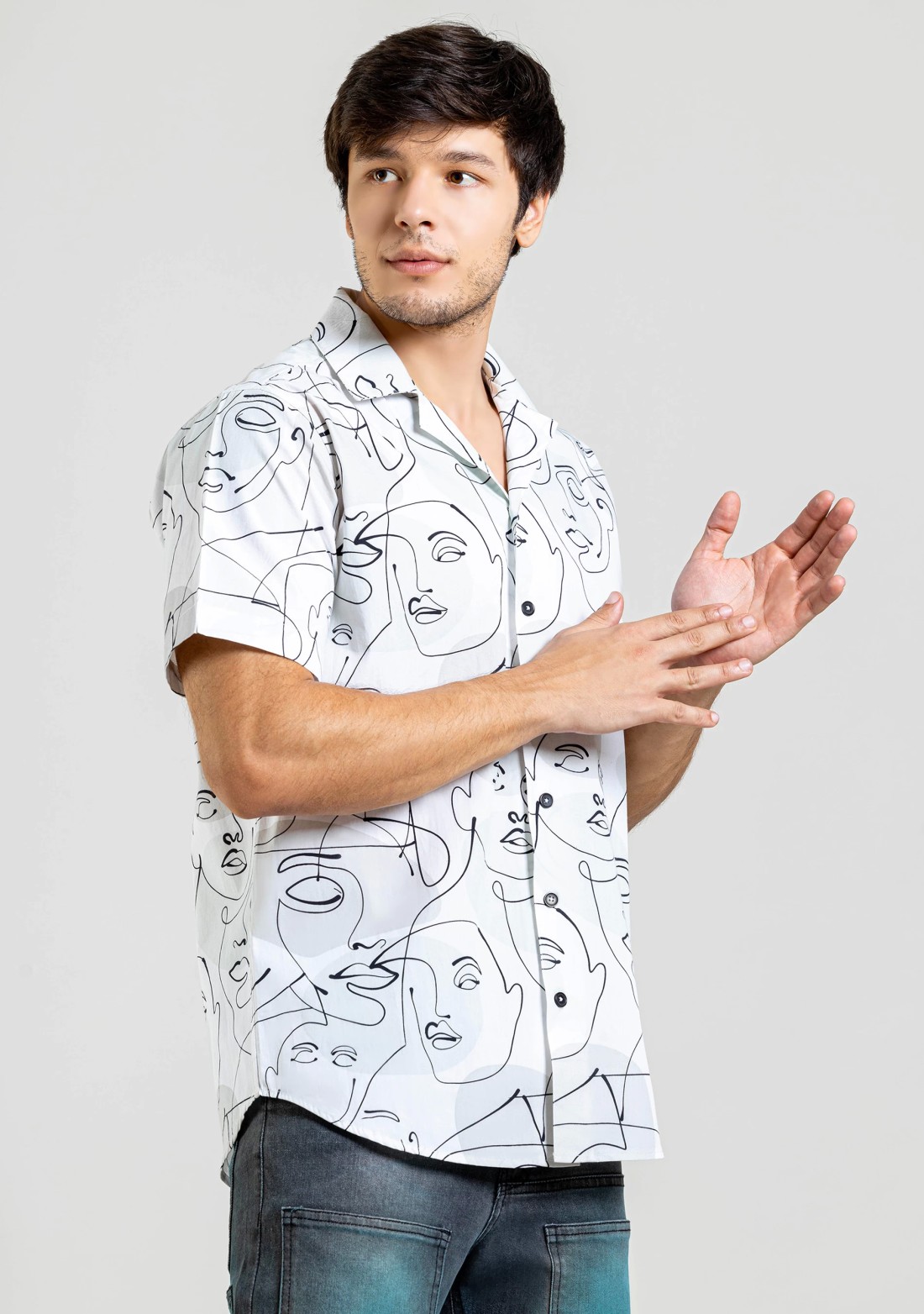 Graphic Face Print White Regular Fit Cotton Shirt