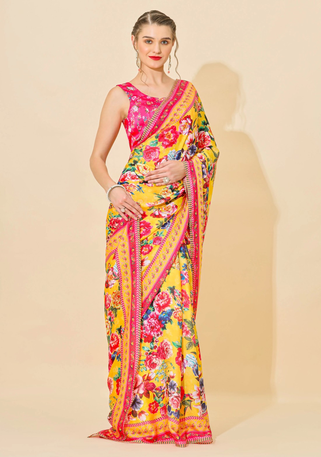 Yellow Floral Print Lightweight Satin Georgette Saree With Unstitched Blouse