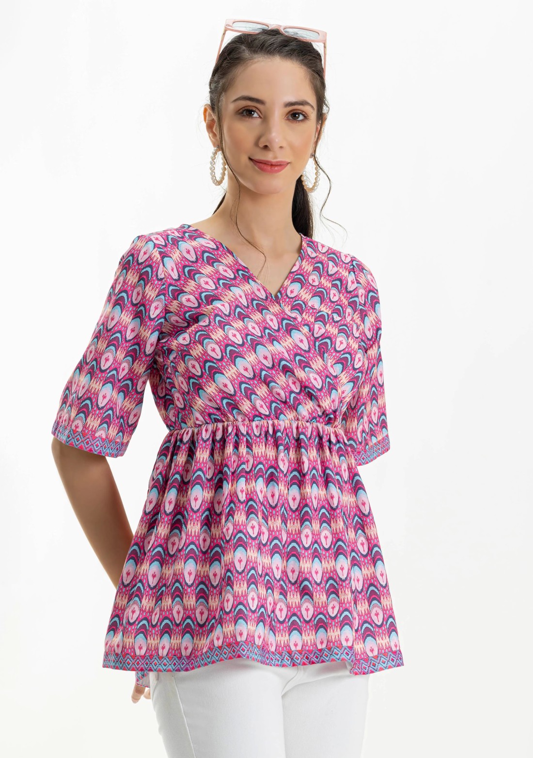 Pink Ethnic Print Wrap Around Peplum Top