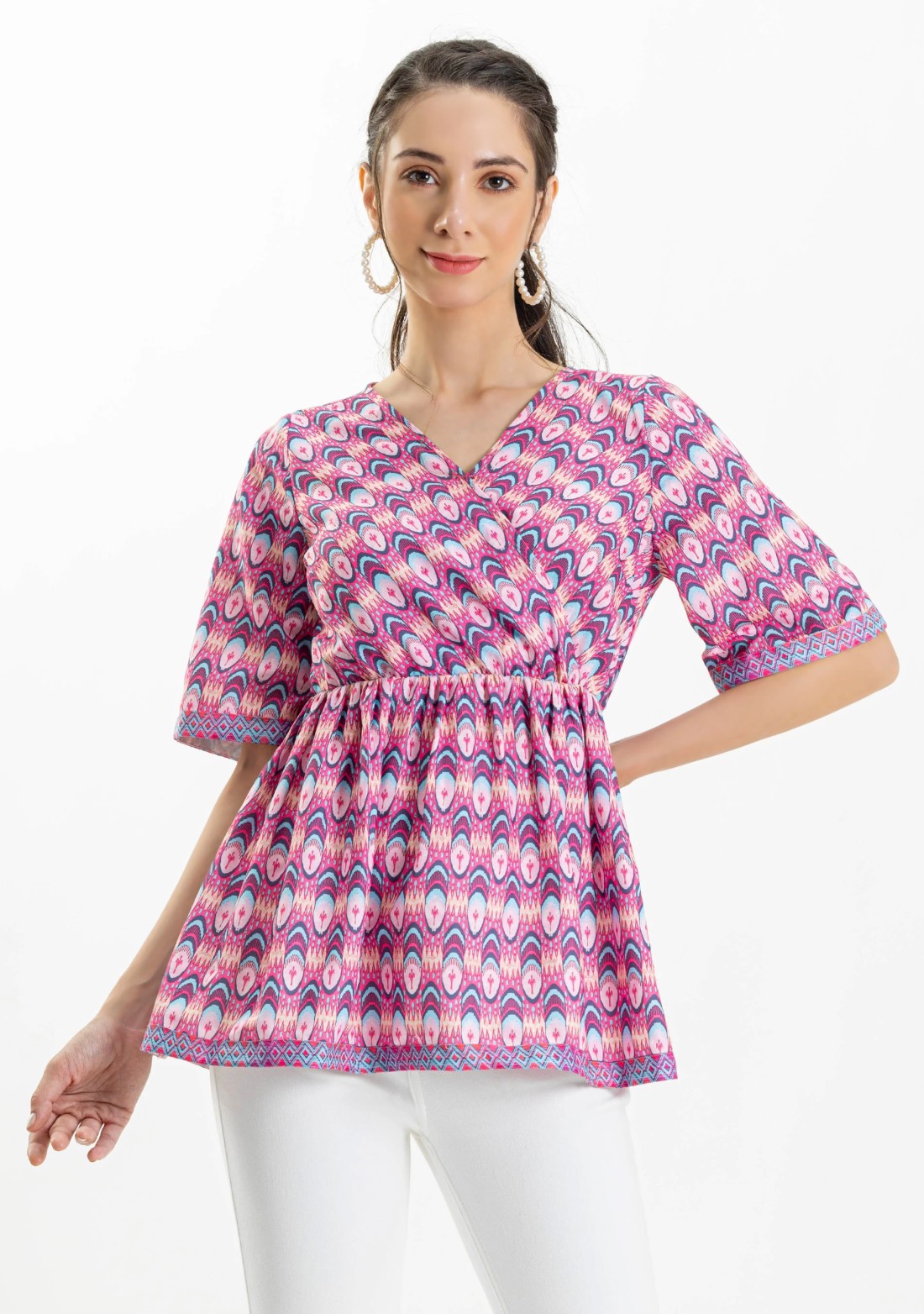 Pink Ethnic Print Wrap Around Peplum Top