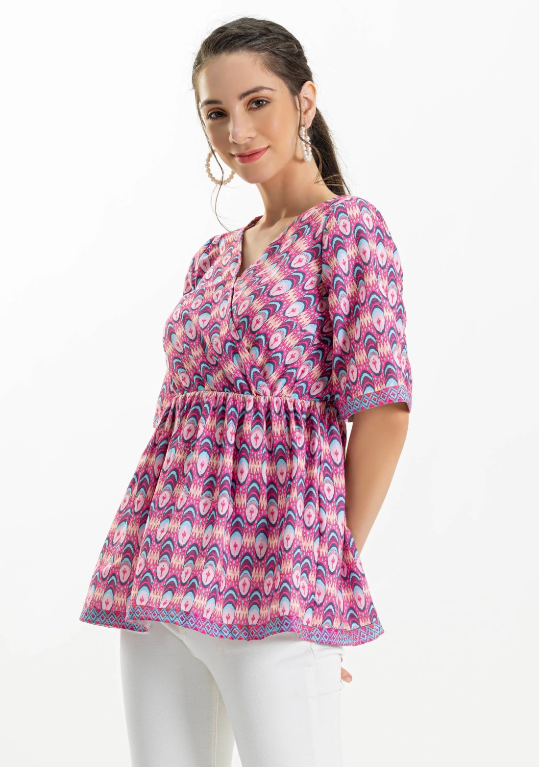 Pink Ethnic Print Wrap Around Peplum Top