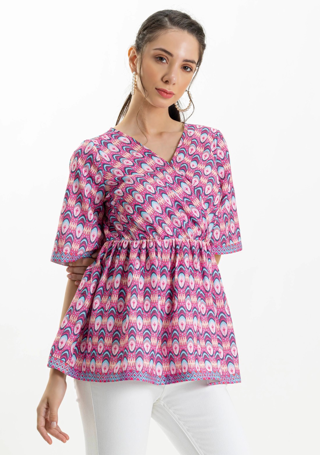 Pink Ethnic Print Wrap Around Peplum Top