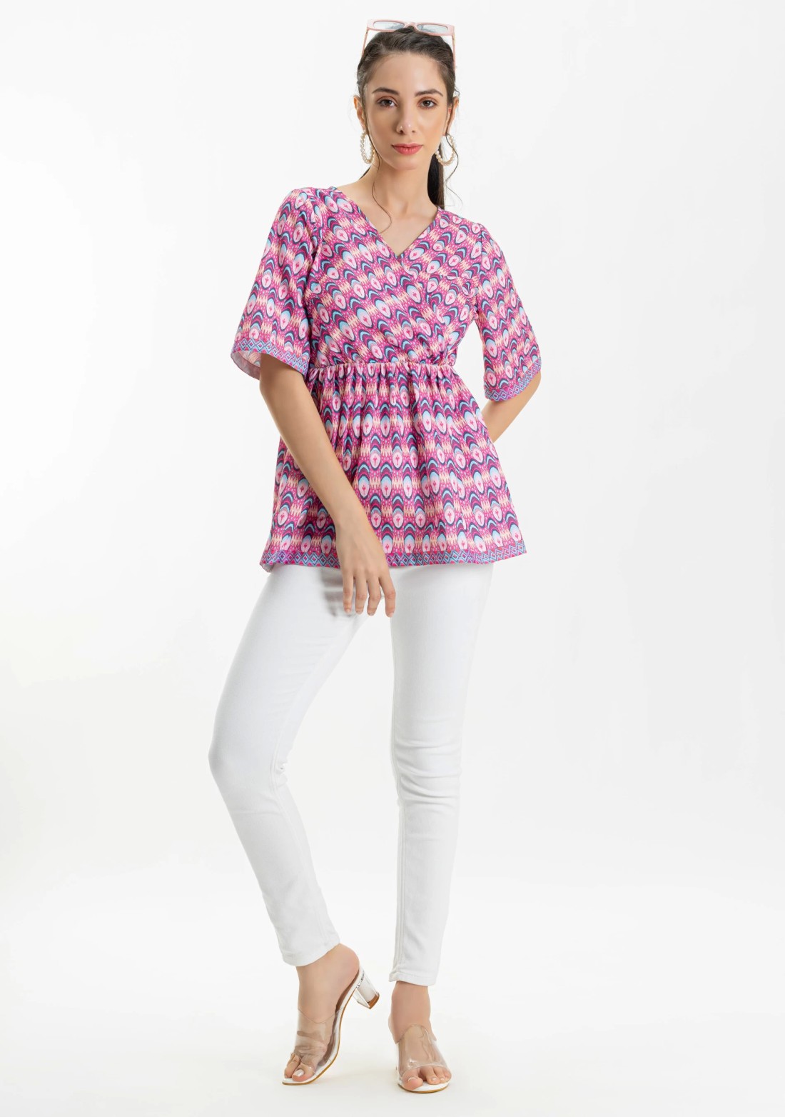 Pink Ethnic Print Wrap Around Peplum Top