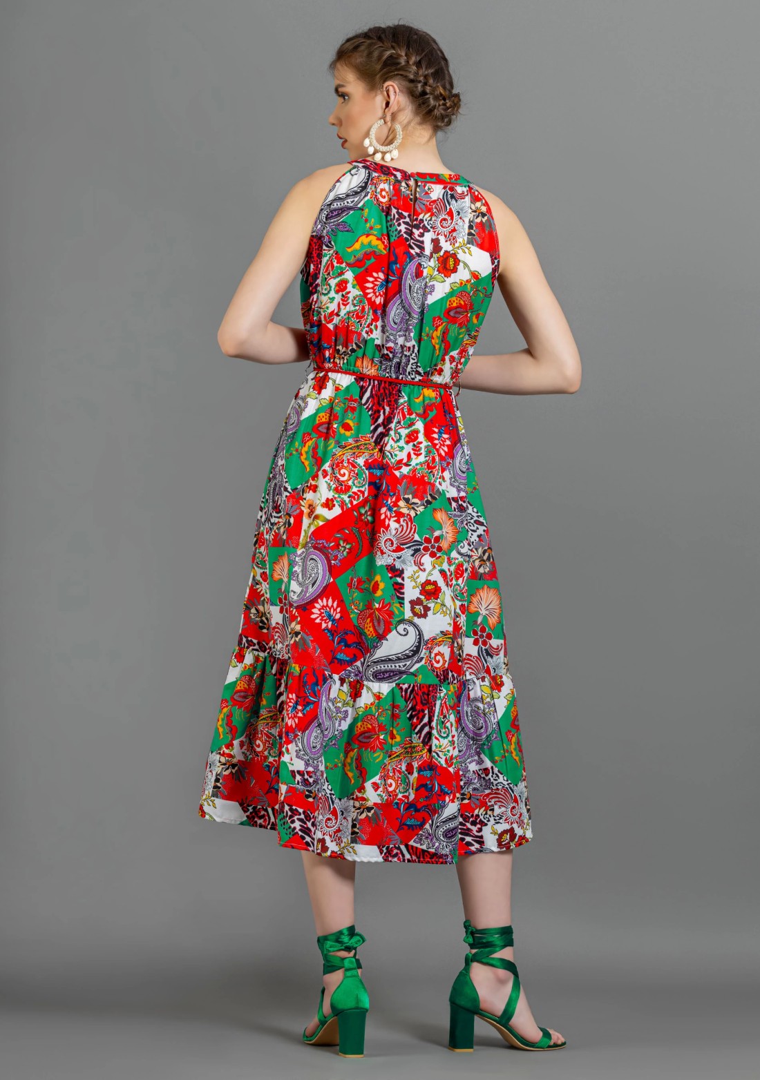 Multi Colour Patch Print Halter Neck Flared Midi Dress