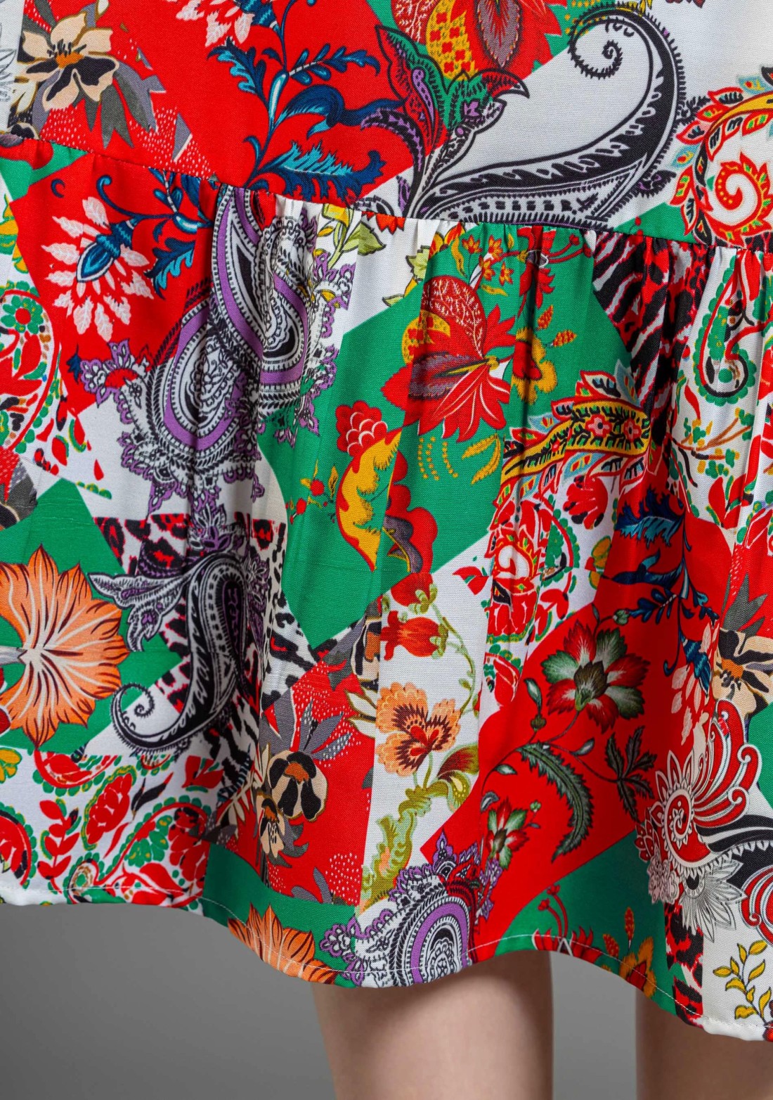 Multi Colour Patch Print Halter Neck Flared Midi Dress