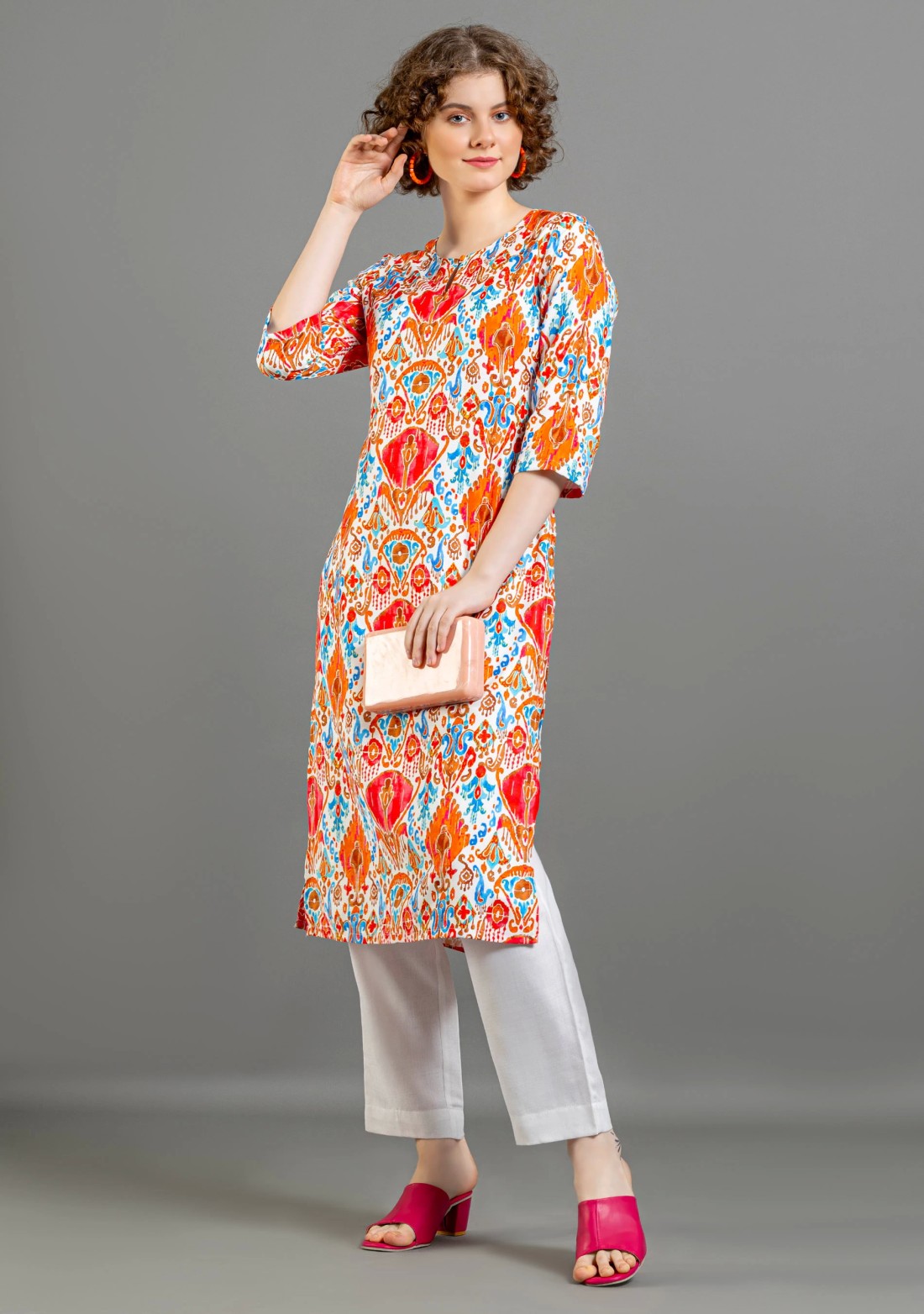 Multi Colour Ethnic Print Straight Cotton Kurta