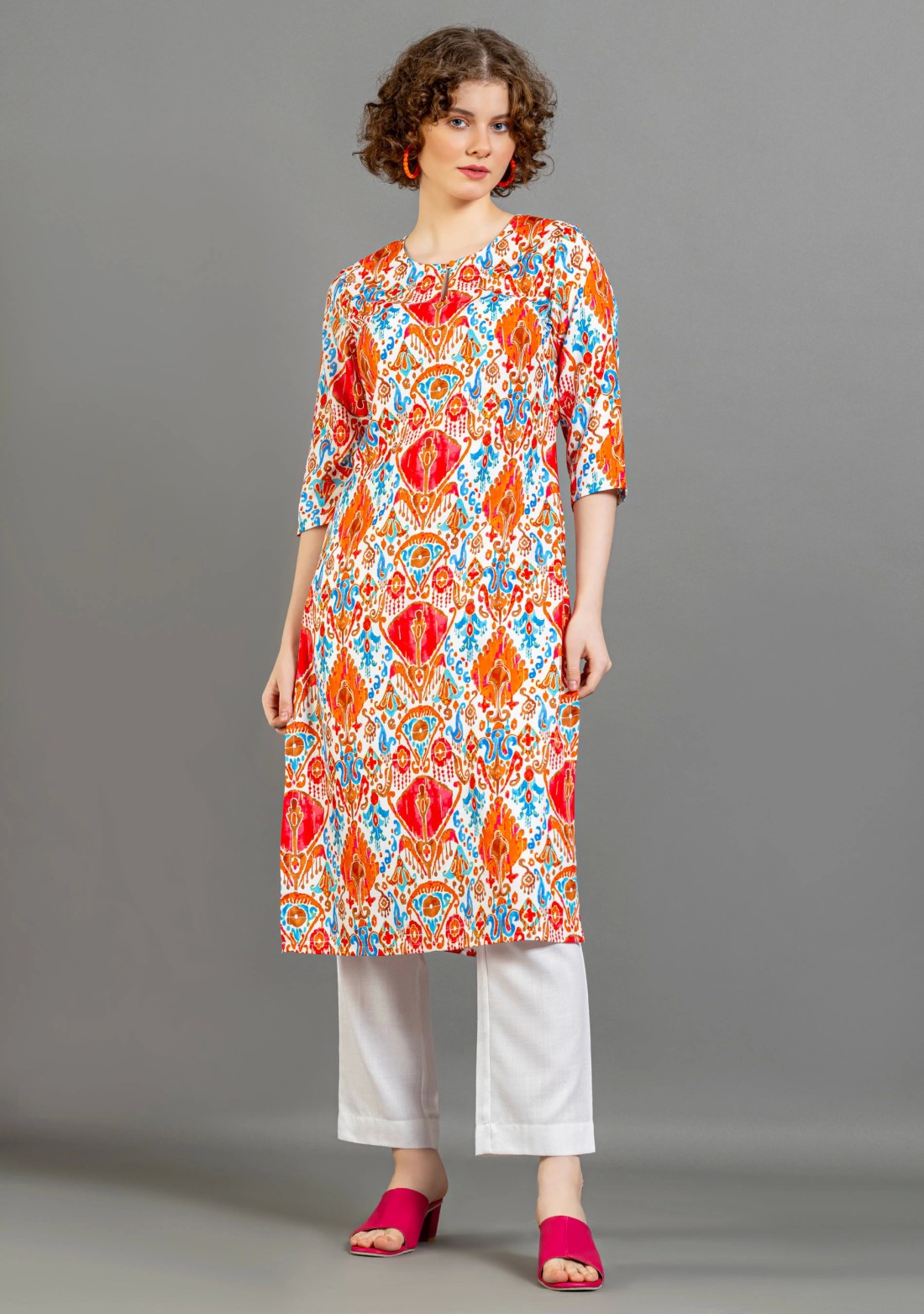 Multi Colour Ethnic Print Straight Cotton Kurta