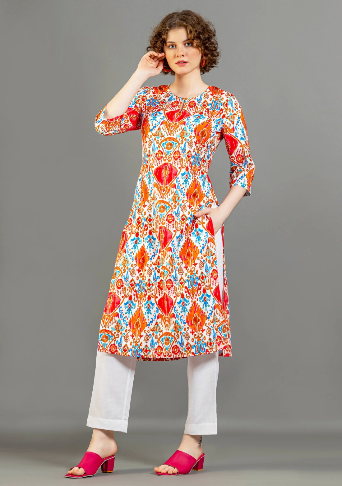 Multi Colour Ethnic Print Straight Cotton Kurta