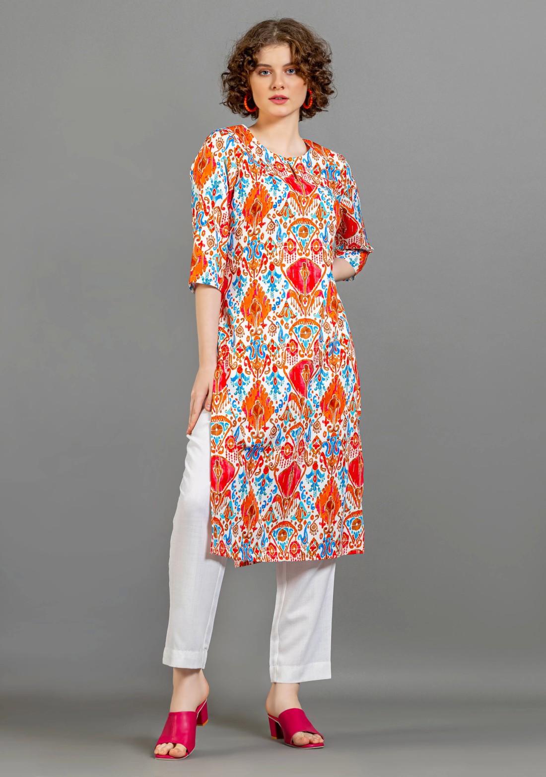 Multi Colour Ethnic Print Straight Cotton Kurta