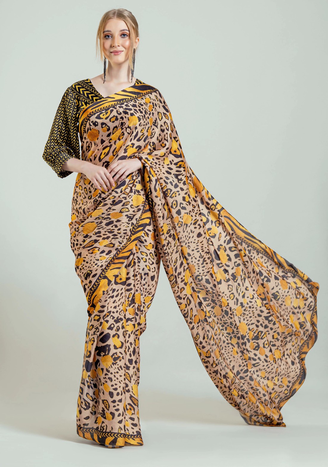 Animal Print Lightweight Satin Georgette Saree With Unstitched Blouse
