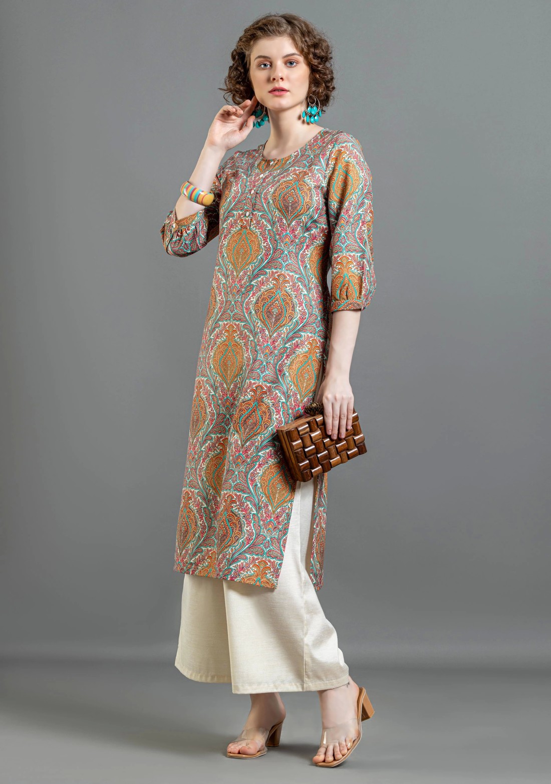 Multi Colour Ethnic Print Straight Cotton Kurta