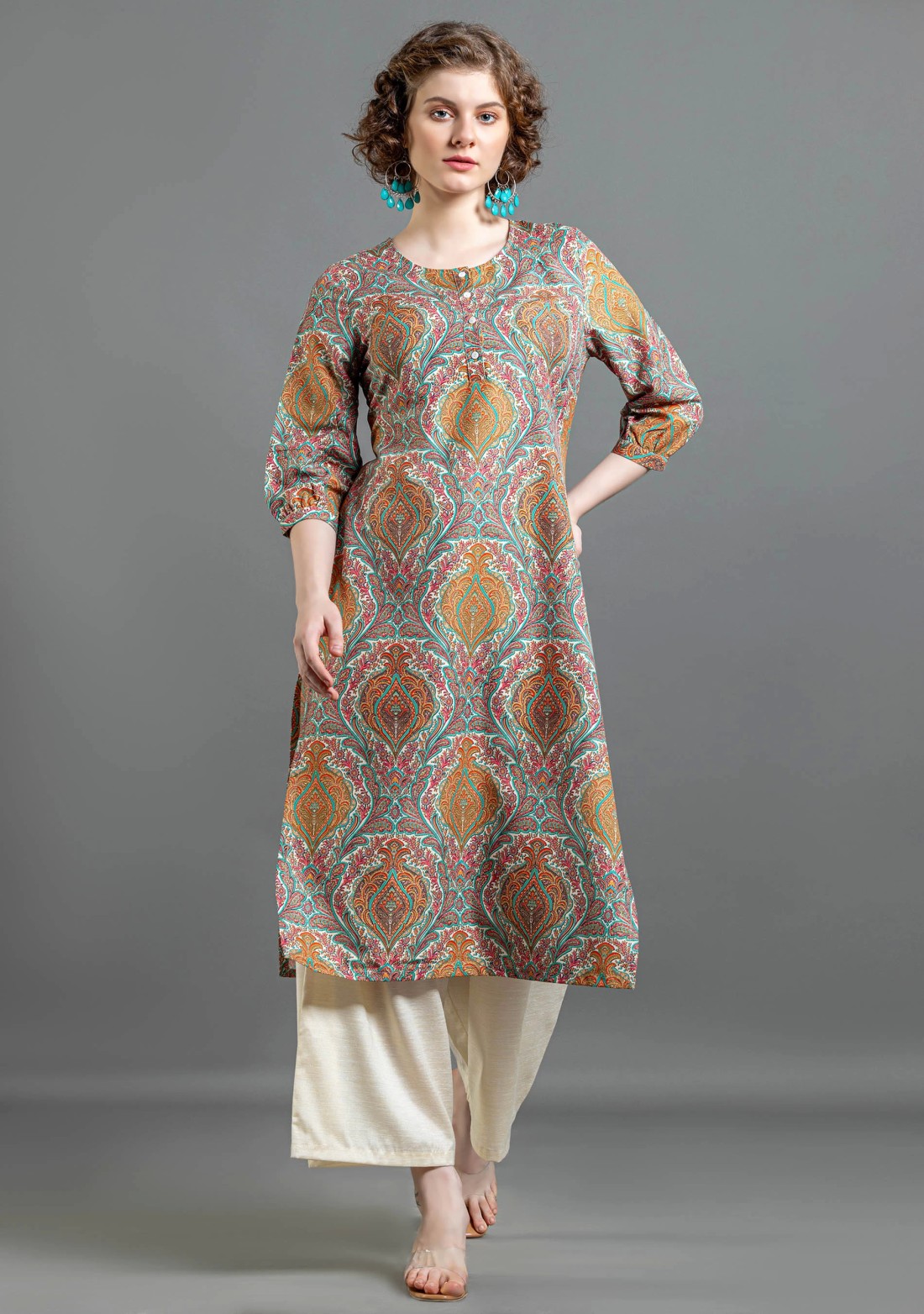 Multi Colour Ethnic Print Straight Cotton Kurta