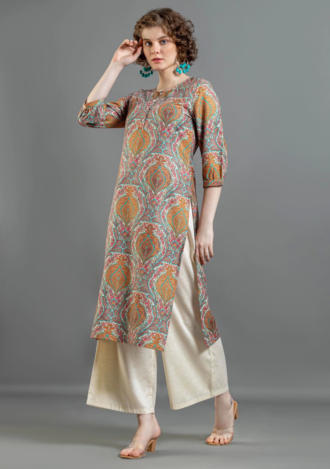 Multi Colour Ethnic Print Straight Cotton Kurta