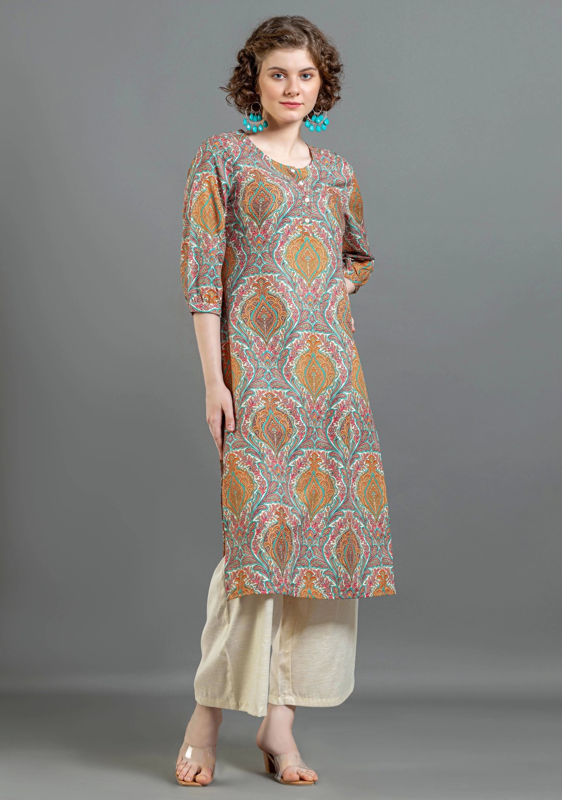 Multi Colour Ethnic Print Straight Cotton Kurta