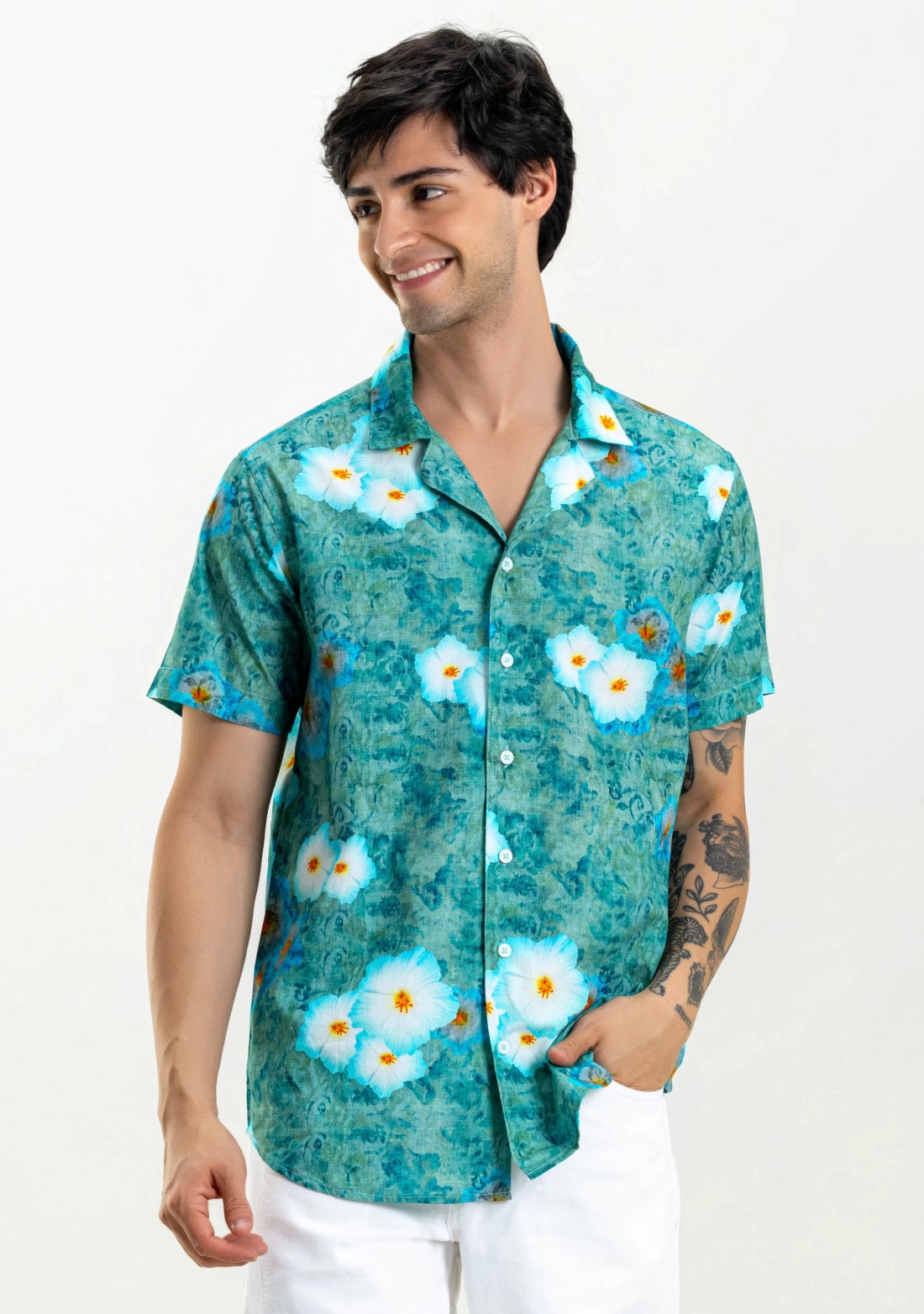 Green Printed Regular Fit Men's Casual Cotton Shirt