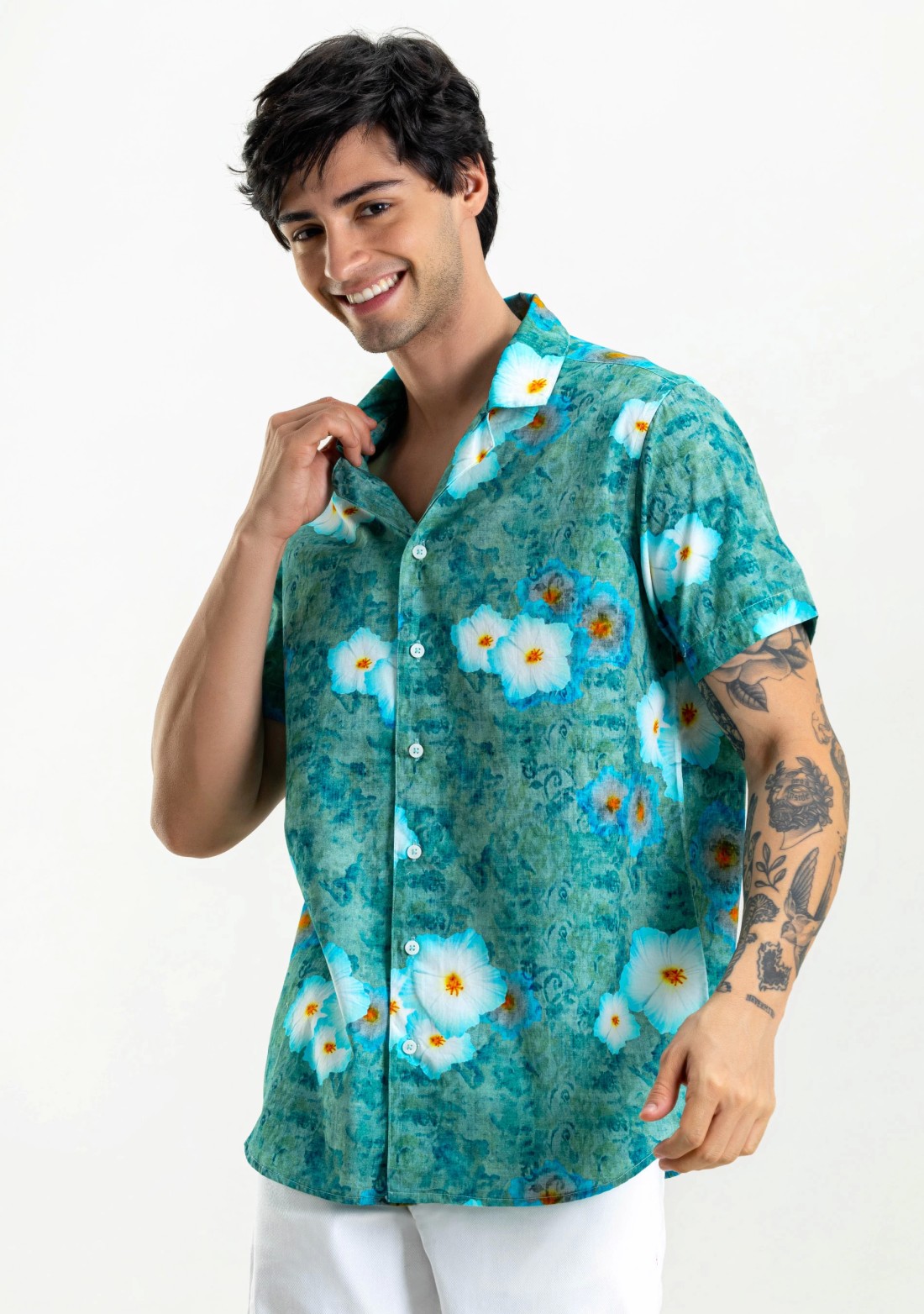 Green Printed Regular Fit Men's Casual Cotton Shirt