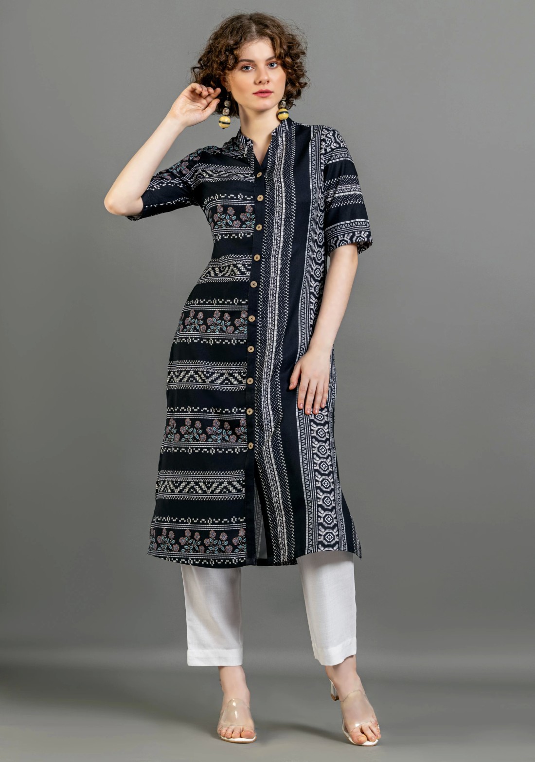 Black Ethnic Print Straight Cotton Kurta