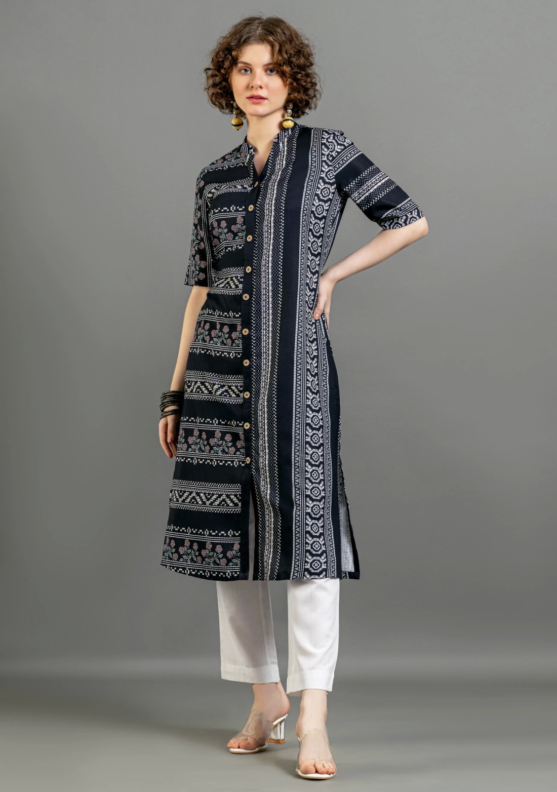 Black Ethnic Print Straight Cotton Kurta