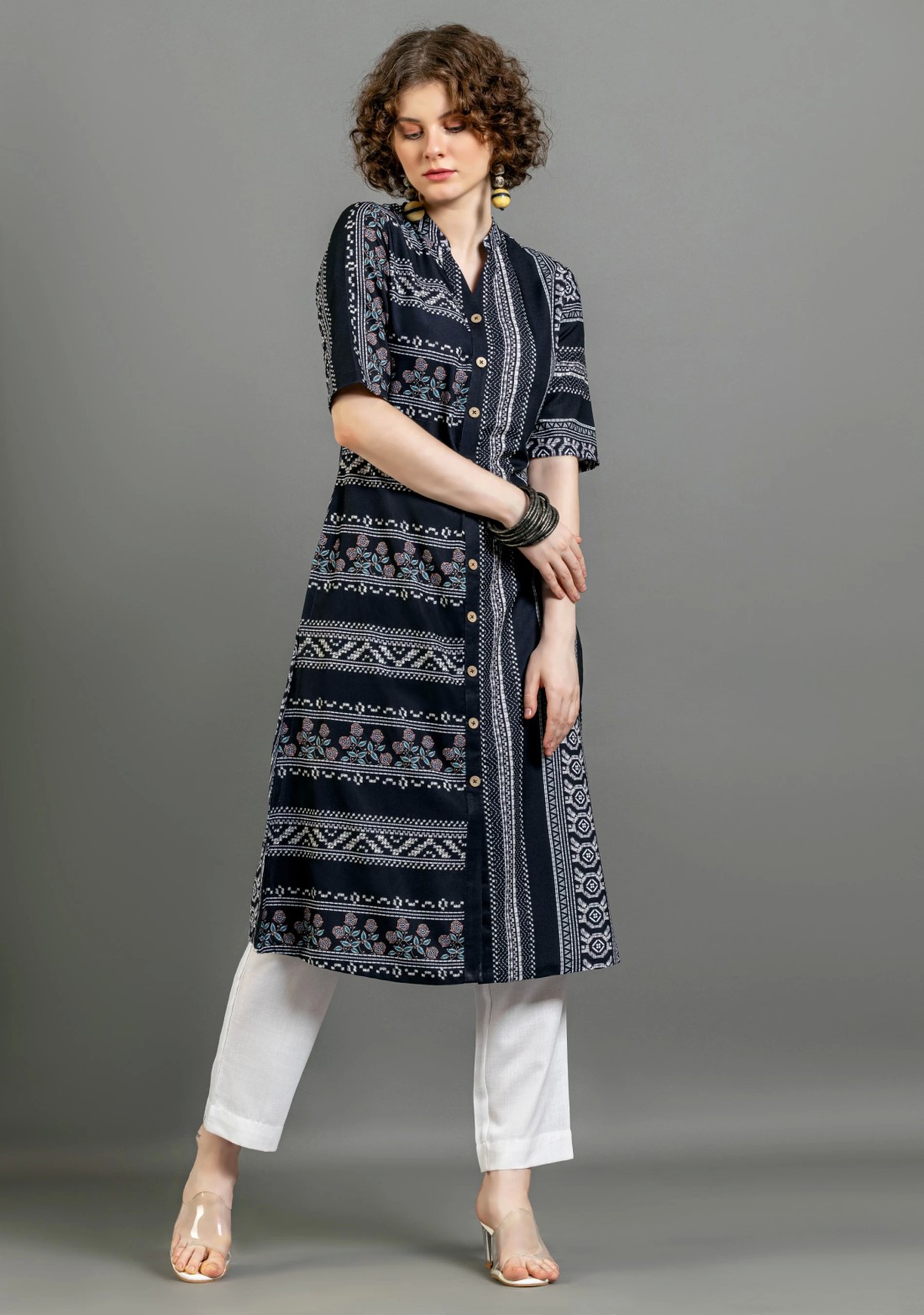 Black Ethnic Print Straight Cotton Kurta