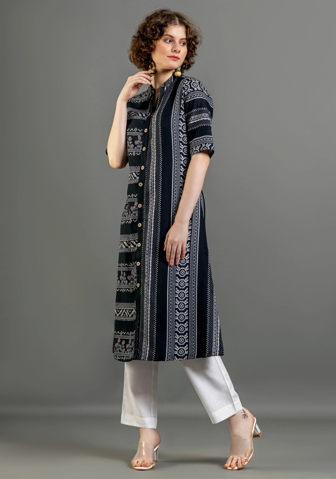 Black Ethnic Print Straight Cotton Kurta