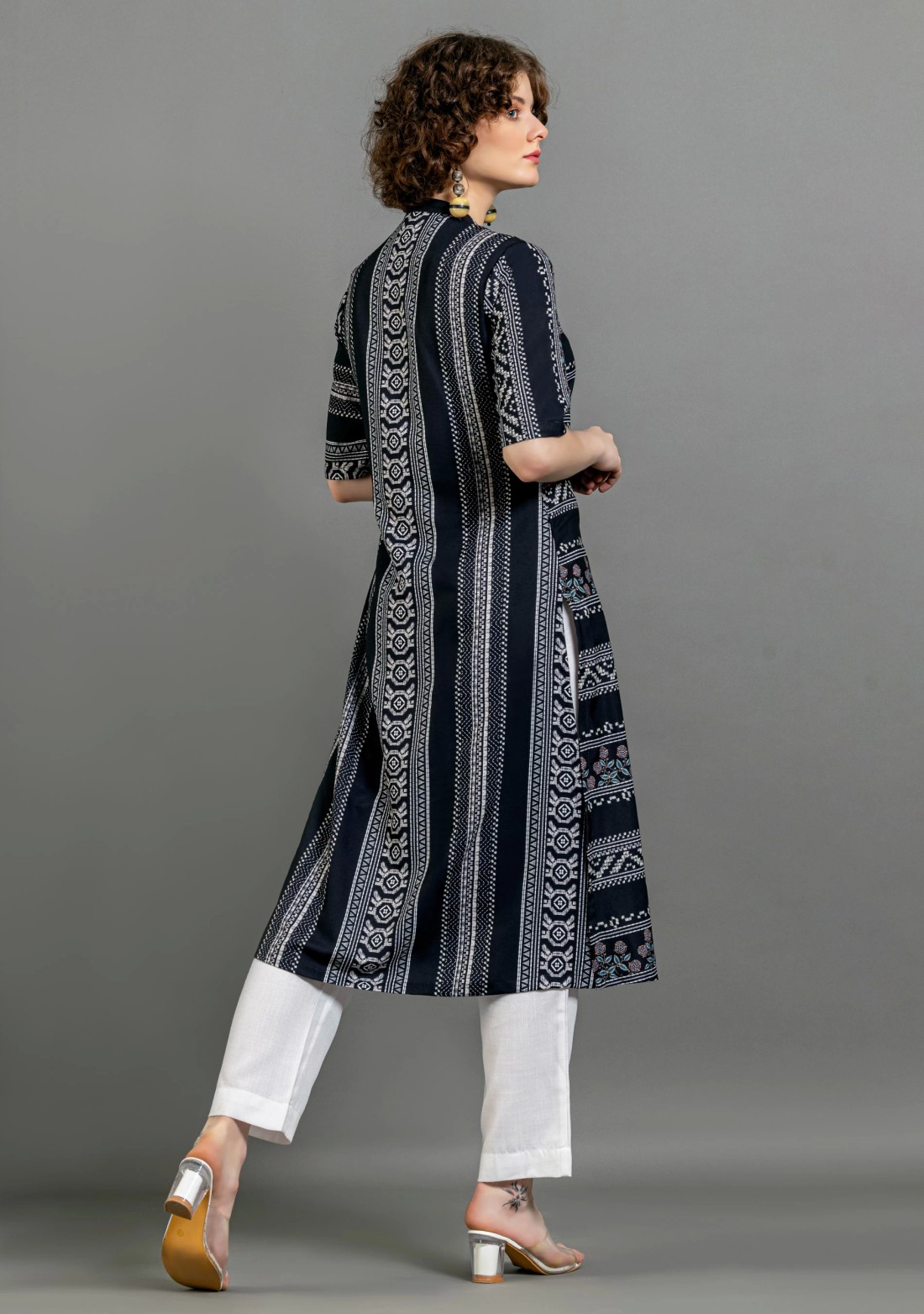 Black Ethnic Print Straight Cotton Kurta