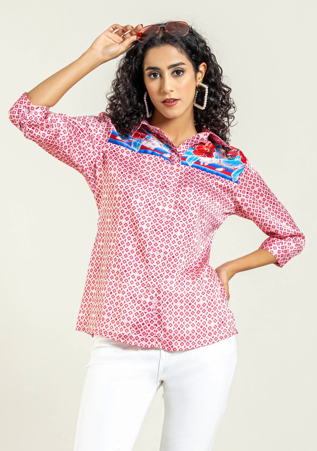 Pink Geometrical Print with Floral Yoke Satin Shirt