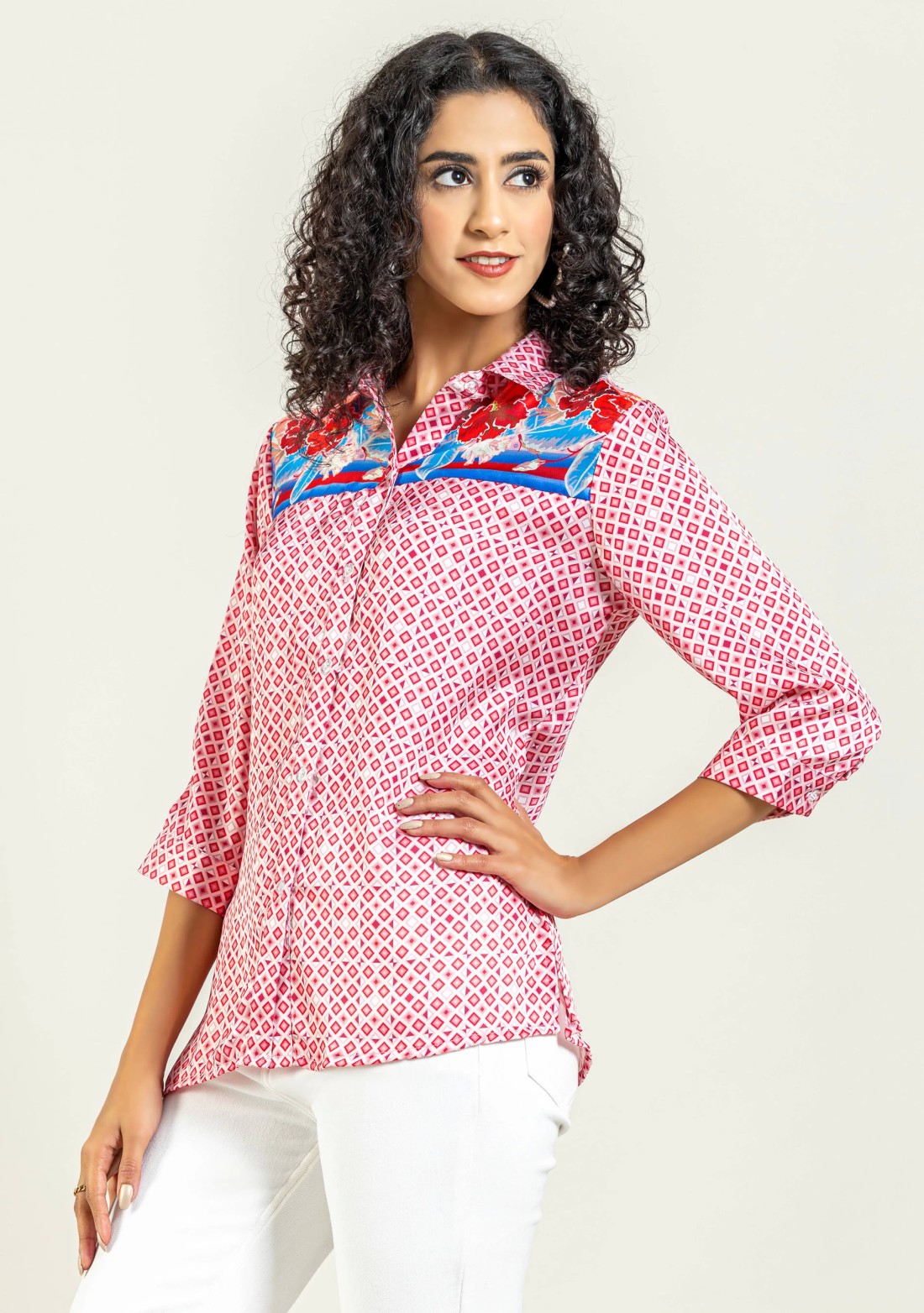 Pink Geometrical Print with Floral Yoke Satin Shirt