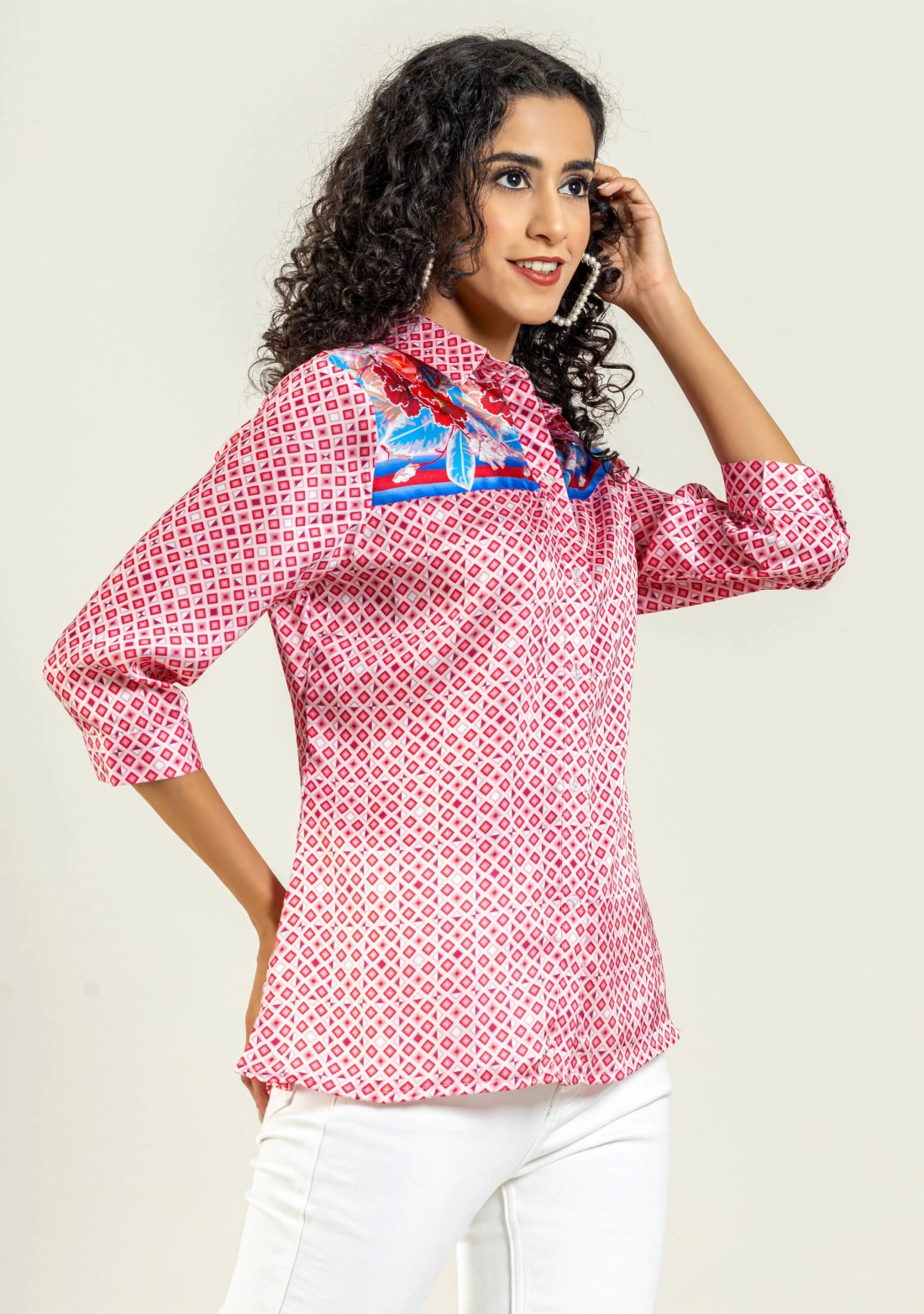 Pink Geometrical Print with Floral Yoke Satin Shirt