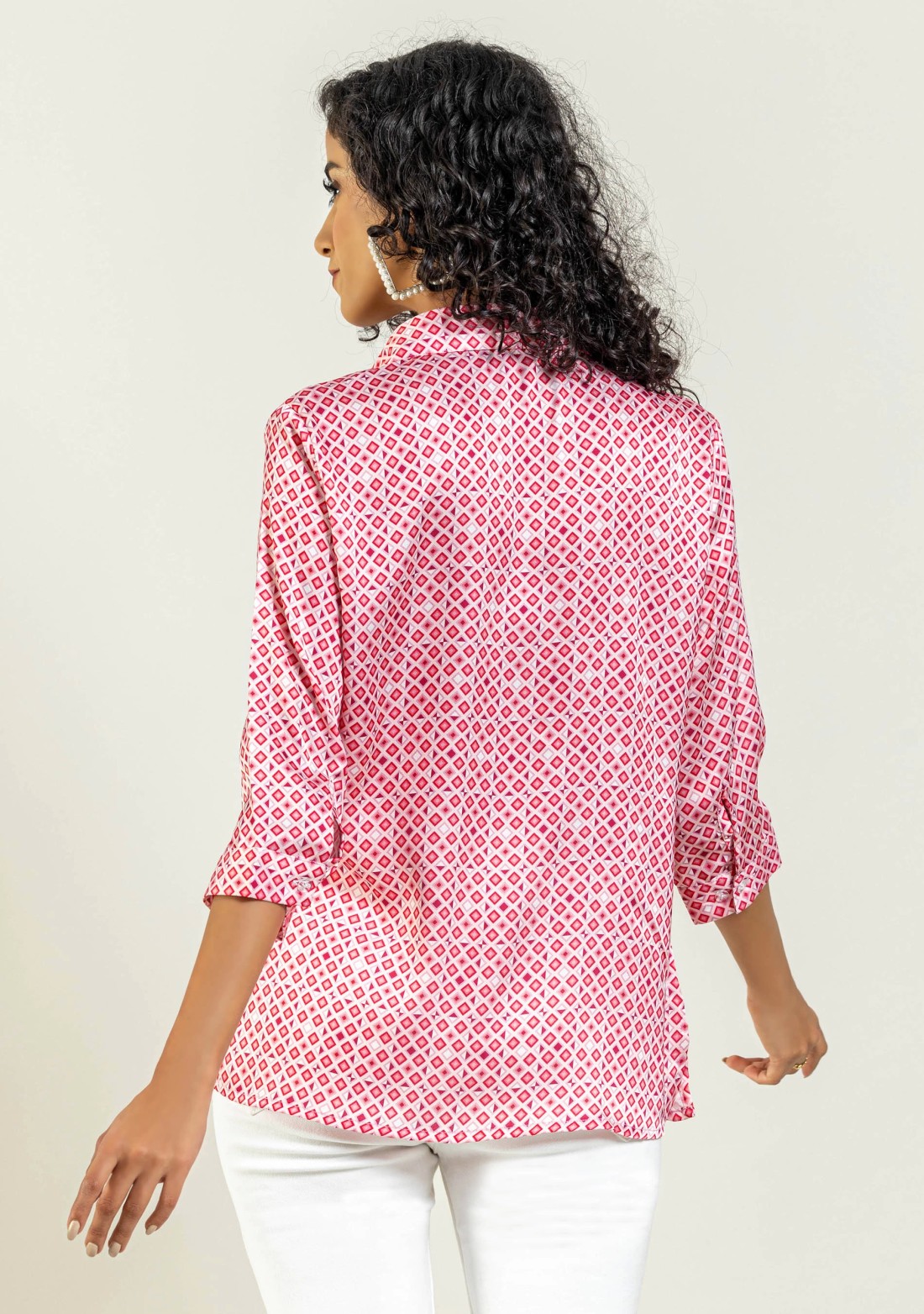 Pink Geometrical Print with Floral Yoke Satin Shirt