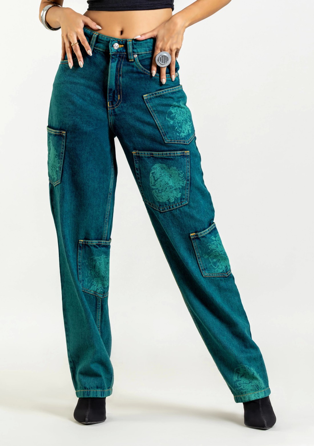 Peacock Green Relaxed Straight Fit Women's Jeans