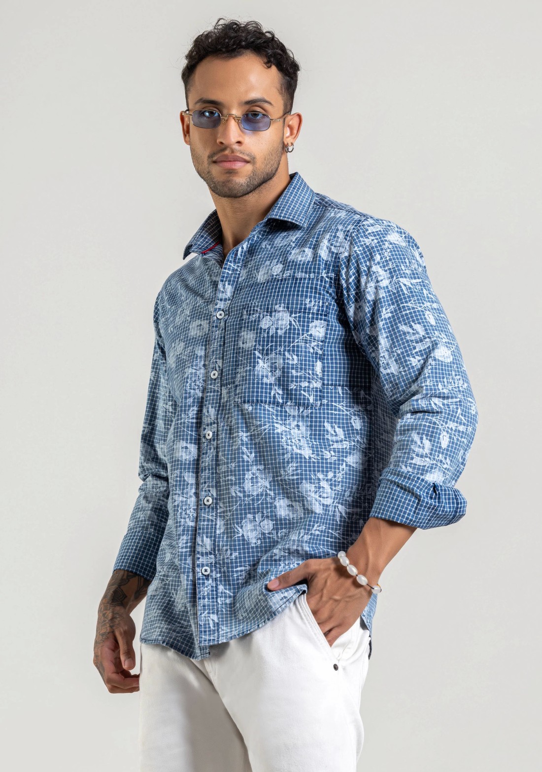 Blue Floral Print Regular Fit Cotton Check Shirt