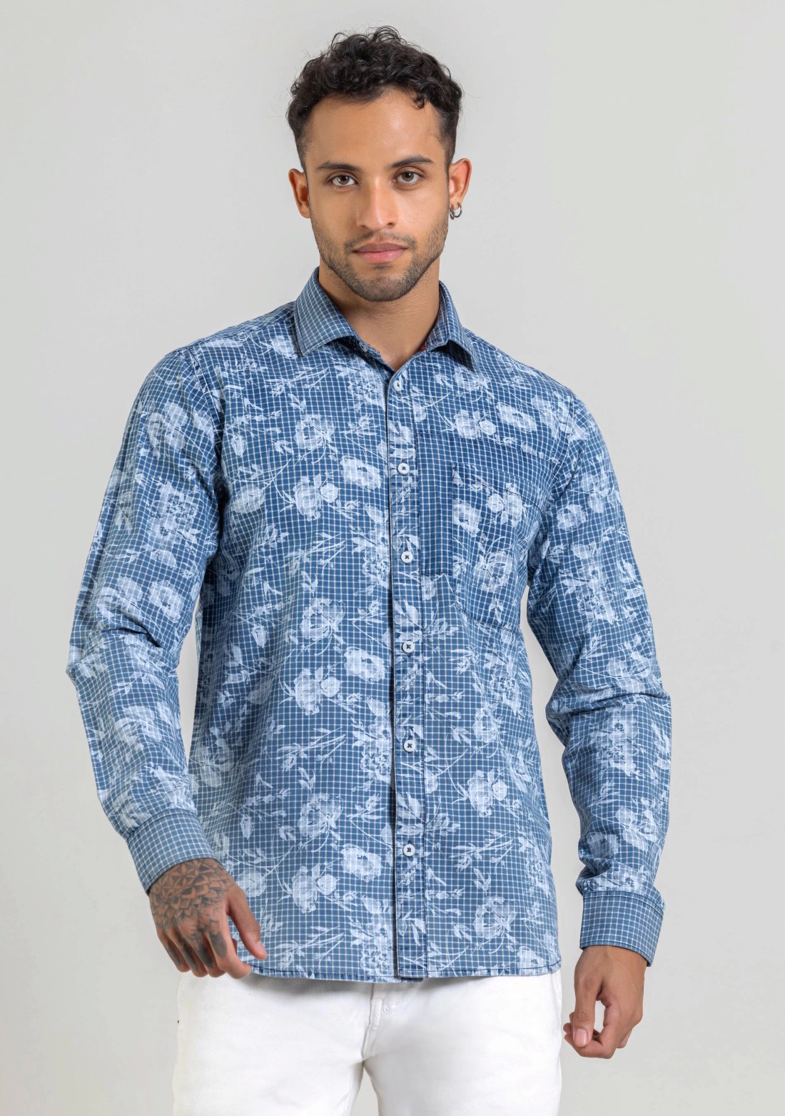 Blue Floral Print Regular Fit Cotton Check Shirt