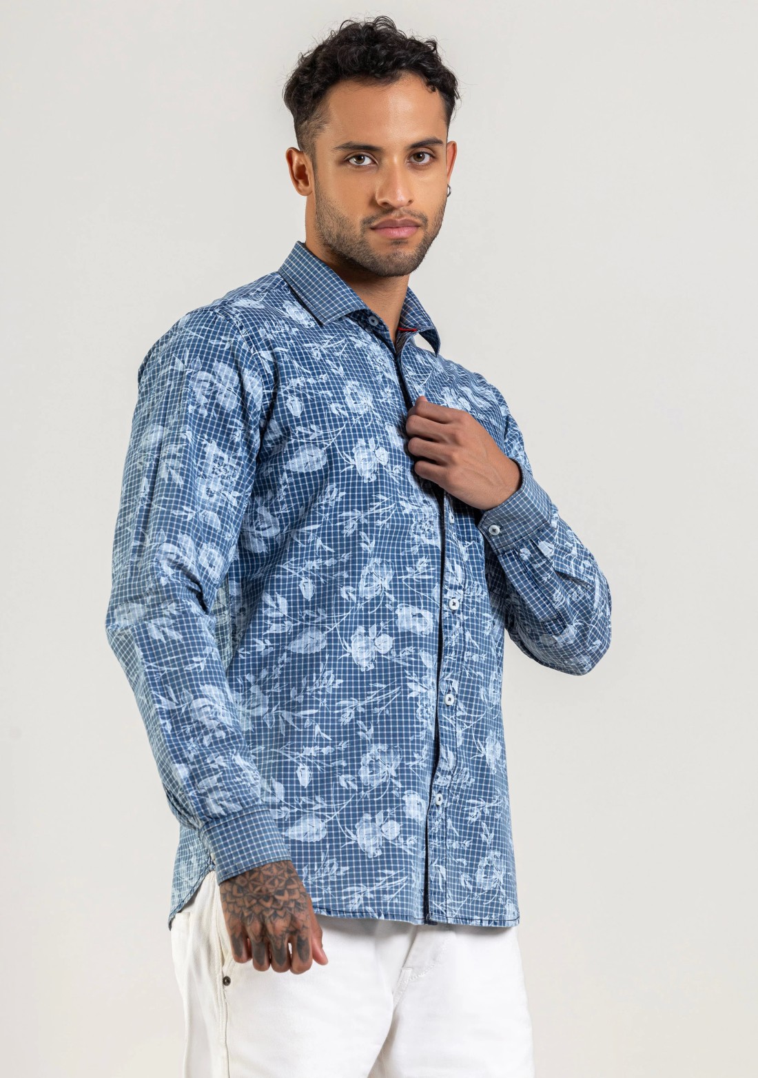 Blue Floral Print Regular Fit Cotton Check Shirt