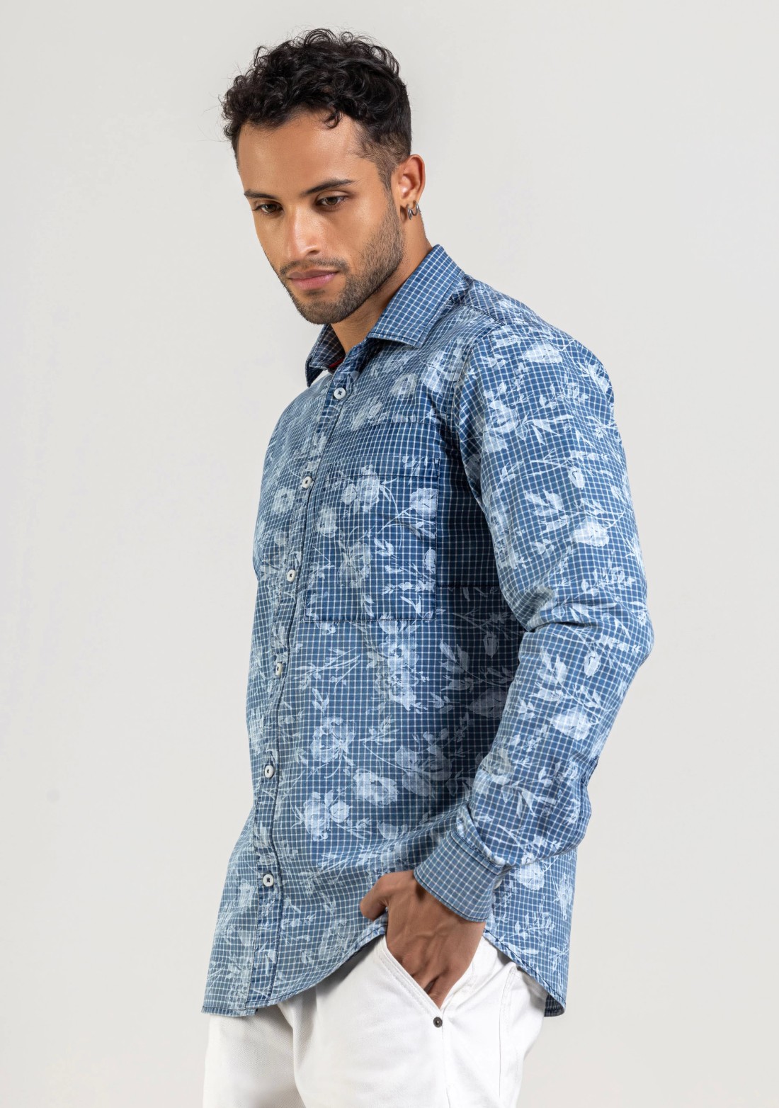 Blue Floral Print Regular Fit Cotton Check Shirt