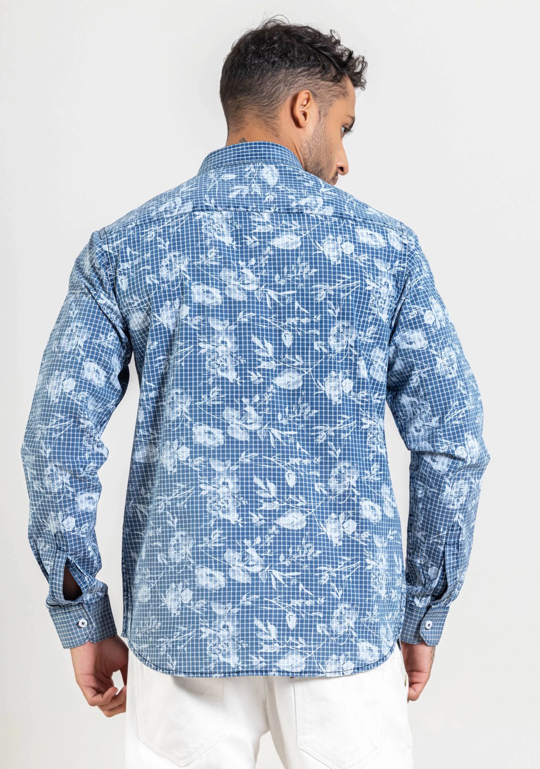 Blue Floral Print Regular Fit Cotton Check Shirt