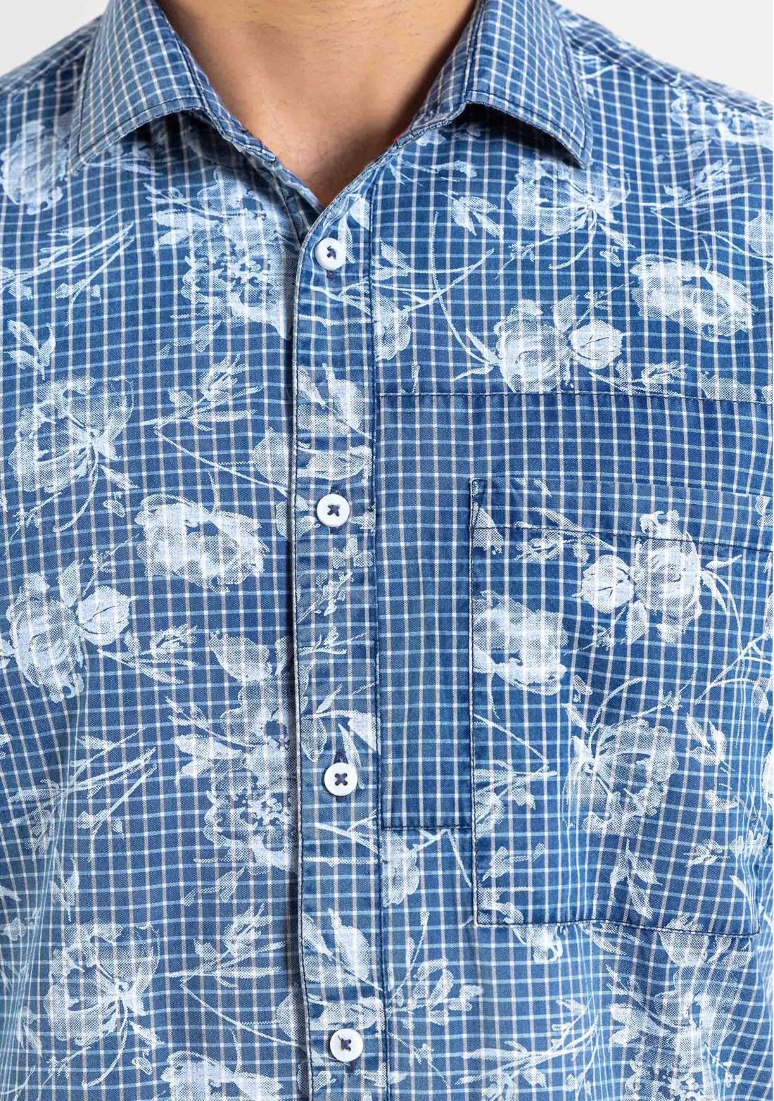 Blue Floral Print Regular Fit Cotton Check Shirt