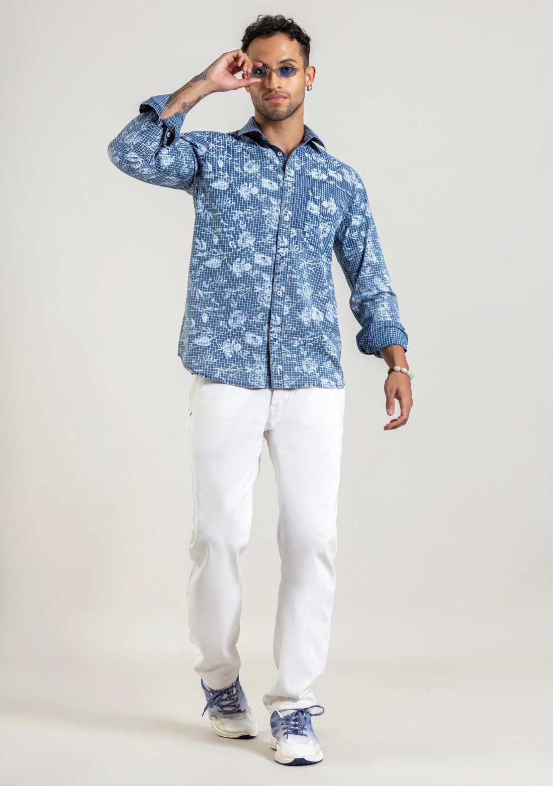 Blue Floral Print Regular Fit Cotton Check Shirt