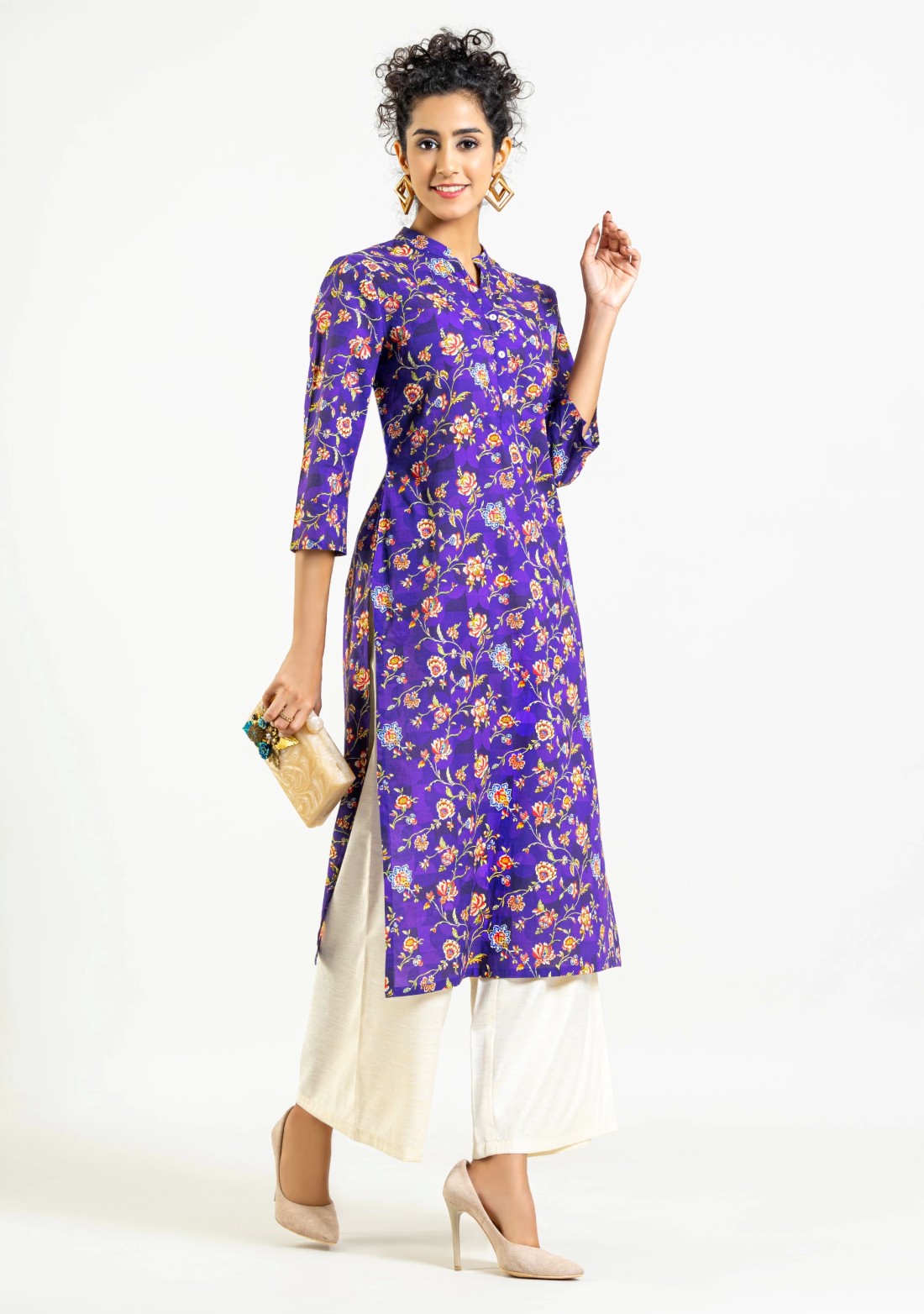 Purple Floral Print Cotton Straight Kurta