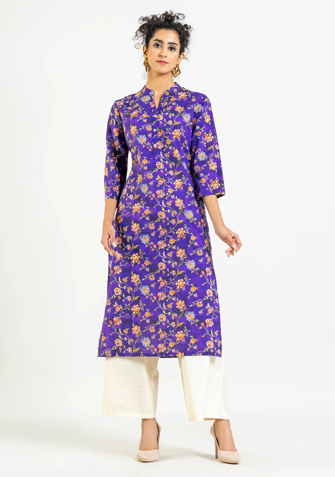 Purple Floral Print Cotton Straight Kurta