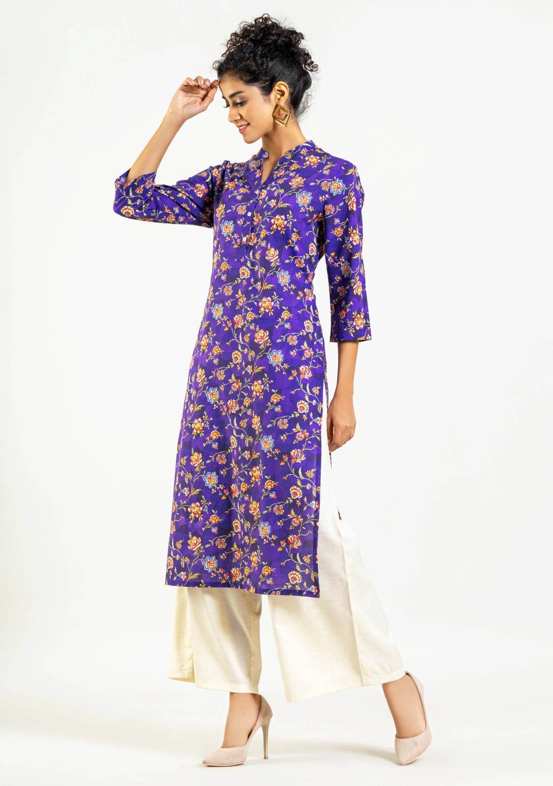 Purple Floral Print Cotton Straight Kurta