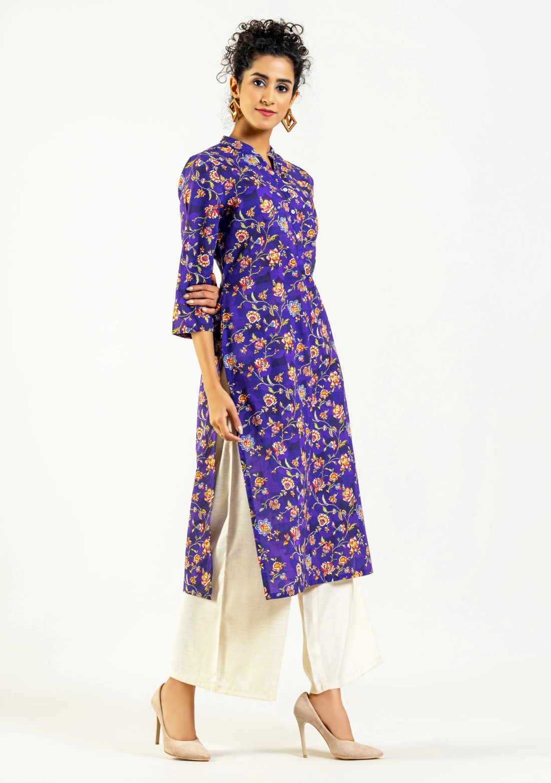 Purple Floral Print Cotton Straight Kurta