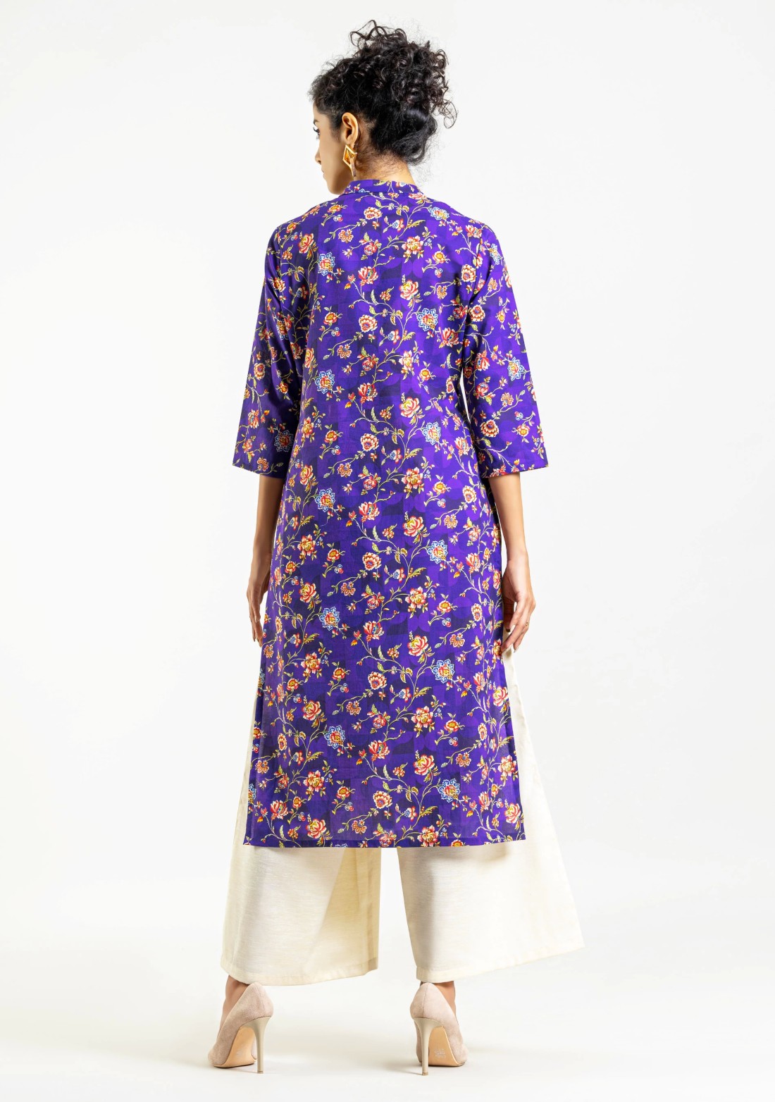 Purple Floral Print Cotton Straight Kurta