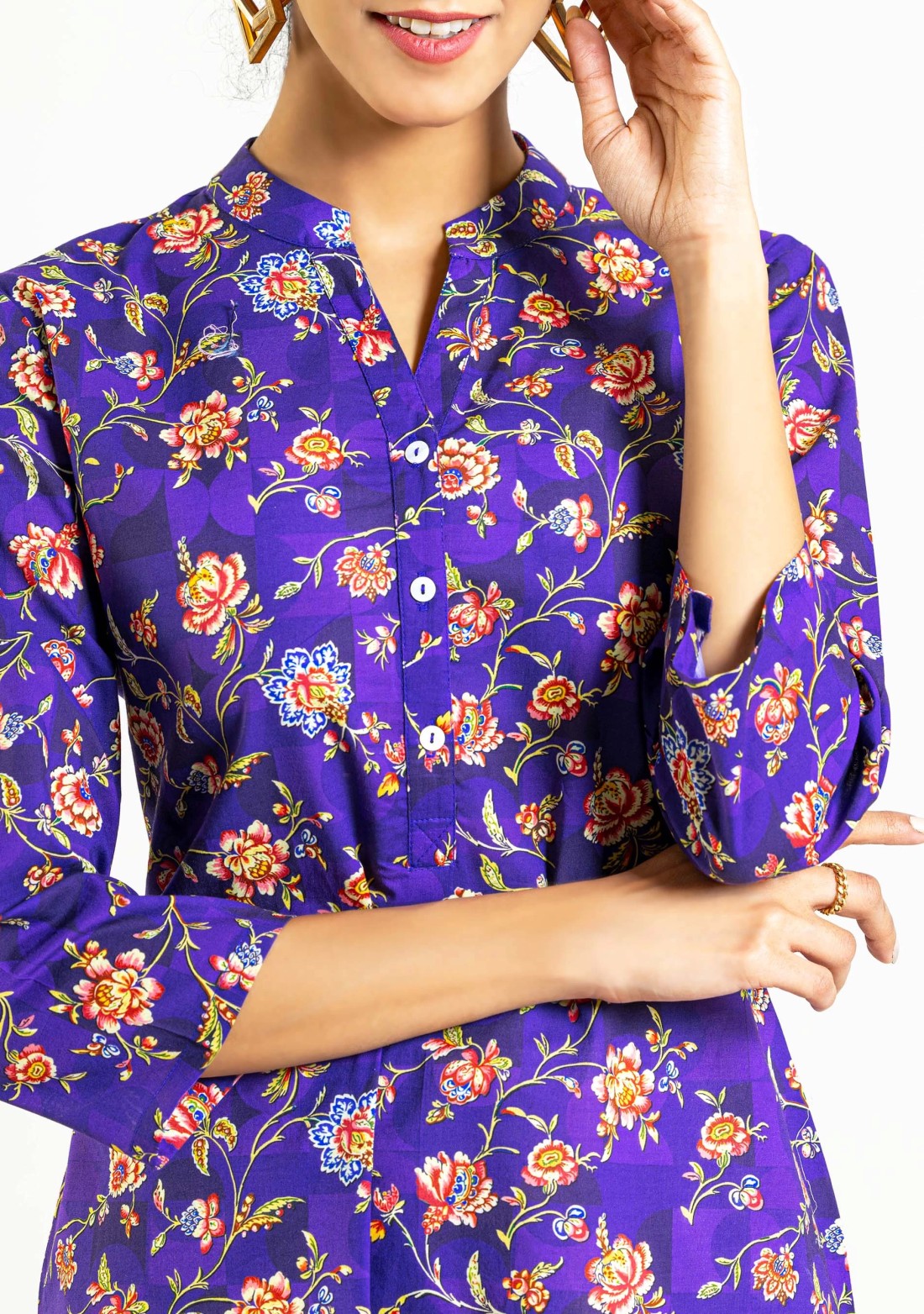 Purple Floral Print Cotton Straight Kurta