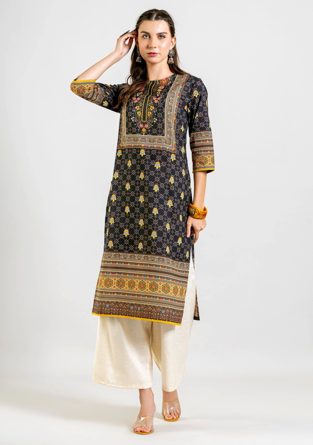 Black Ethnic Print Straight Cotton Kurta