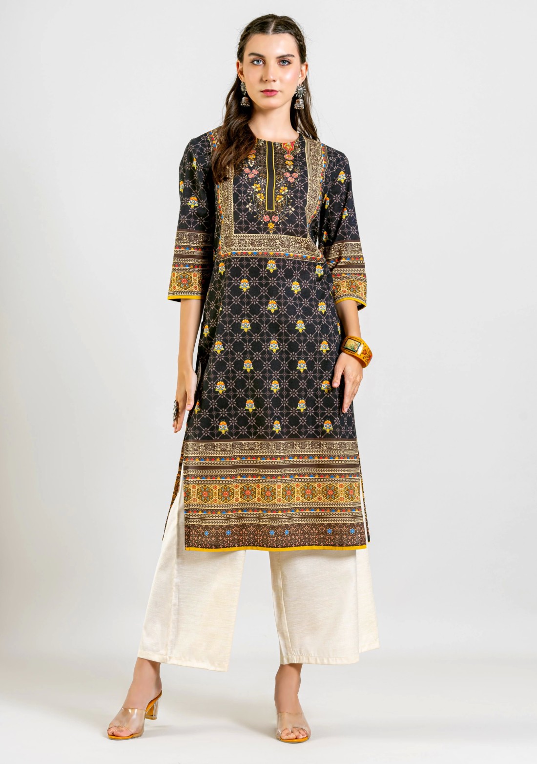 Black Ethnic Print Straight Cotton Kurta