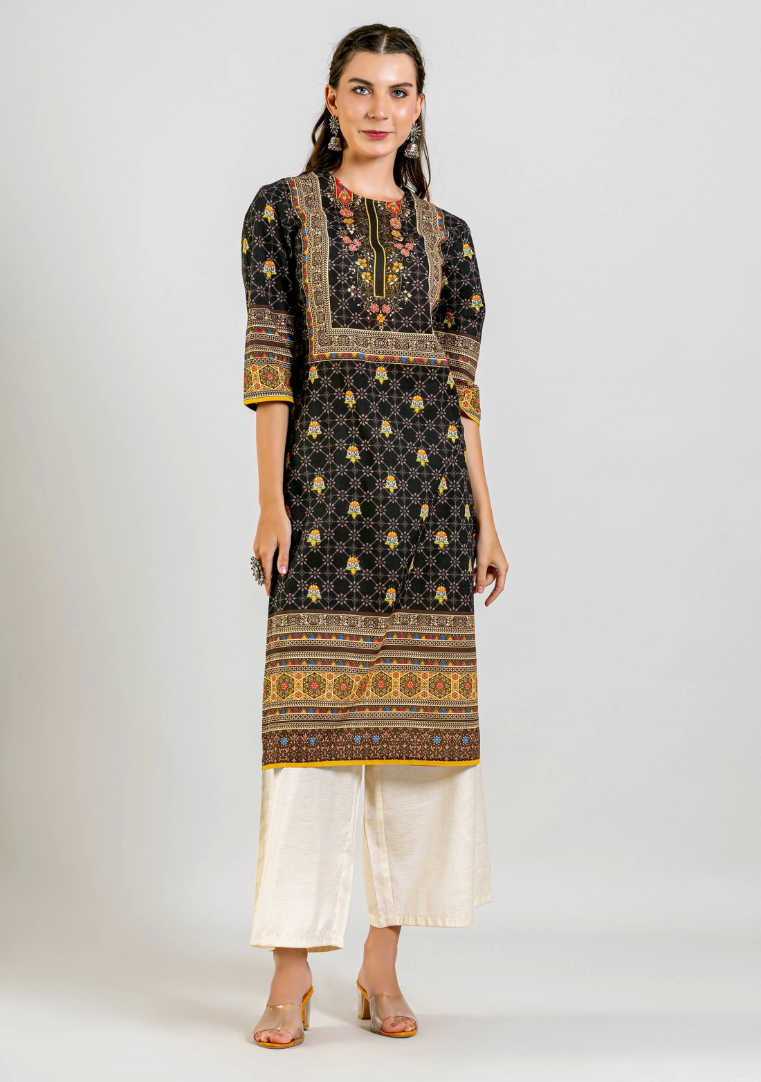 Black Ethnic Print Straight Cotton Kurta