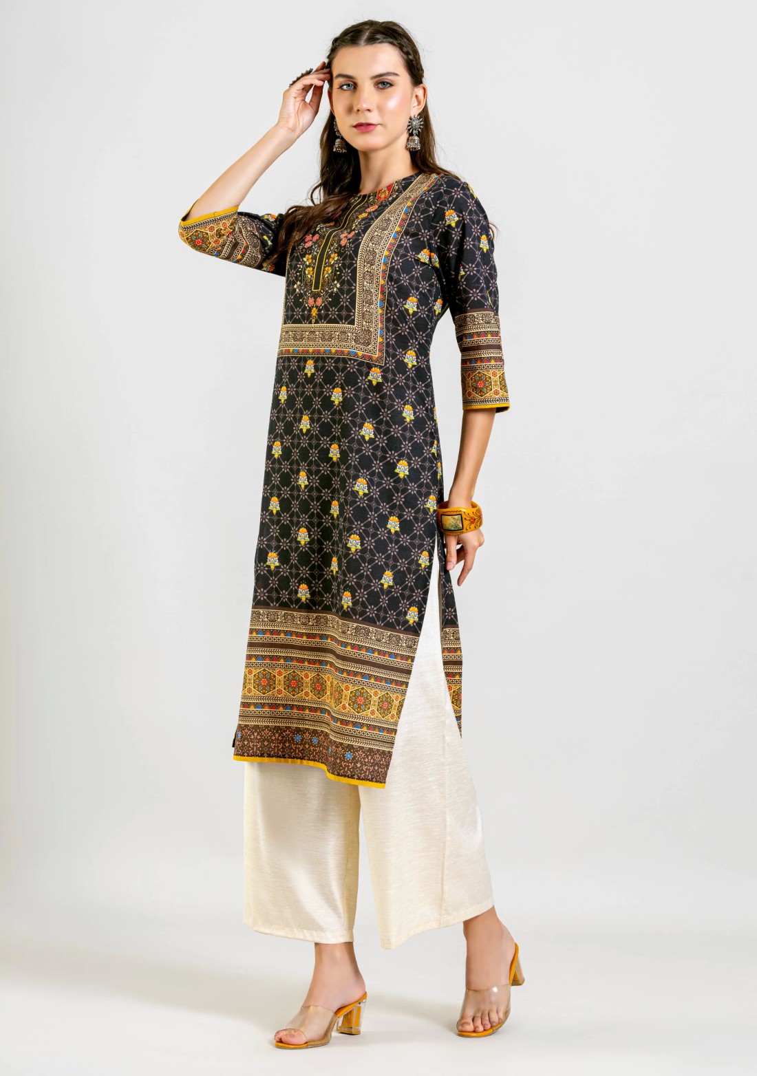 Black Ethnic Print Straight Cotton Kurta