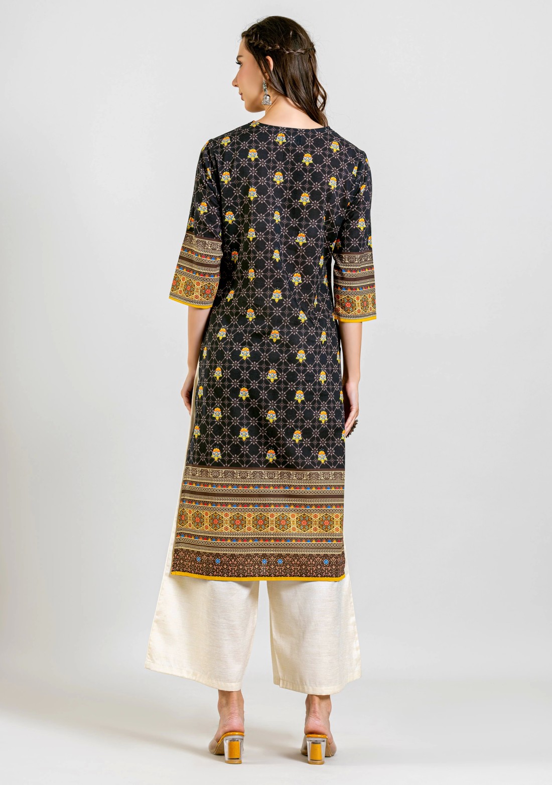 Black Ethnic Print Straight Cotton Kurta