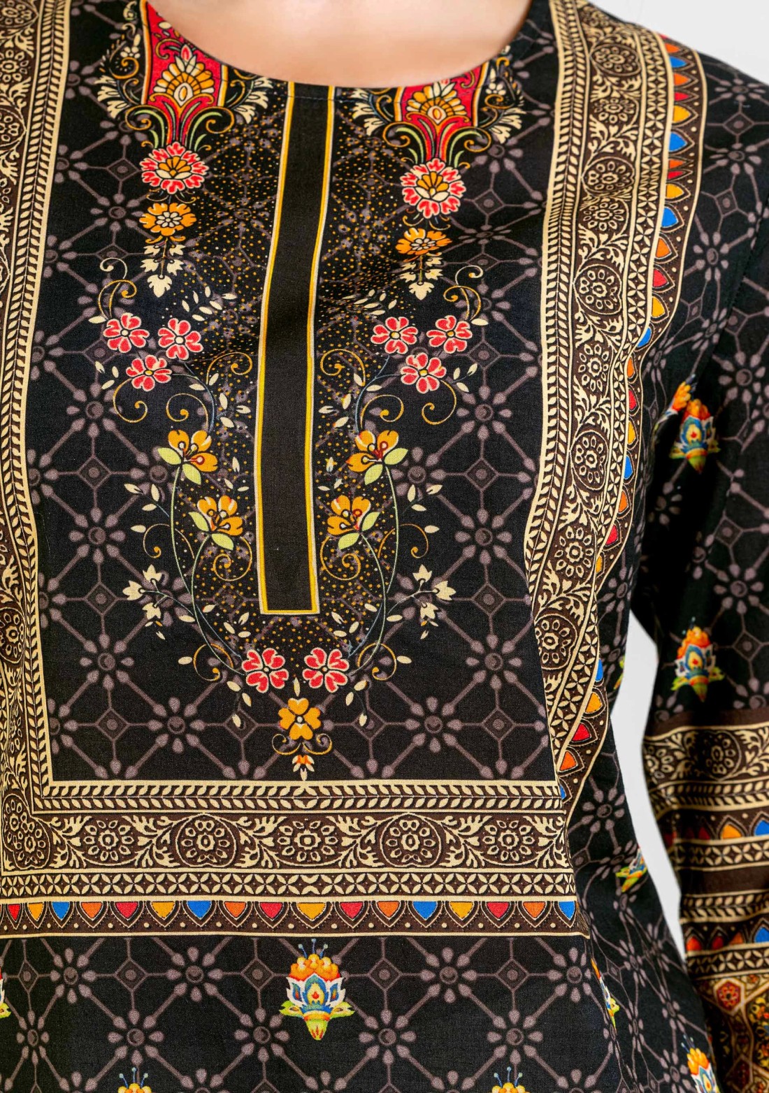 Black Ethnic Print Straight Cotton Kurta