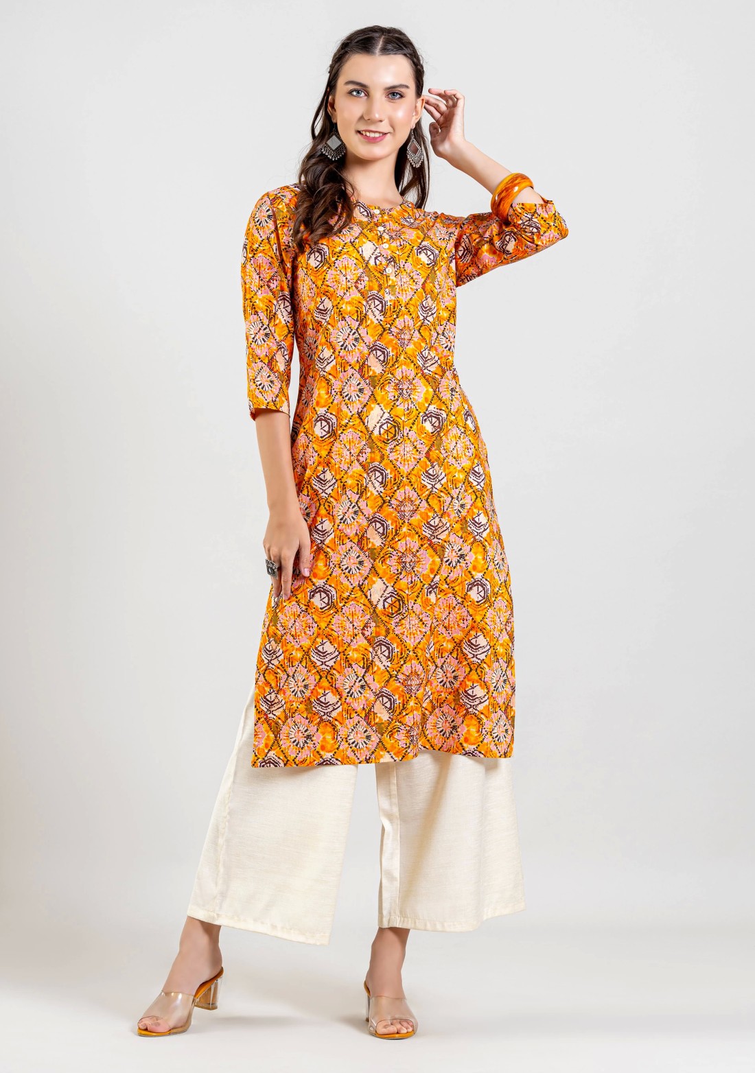 Yellow Tie and Dye Print Cotton Straight Kurta